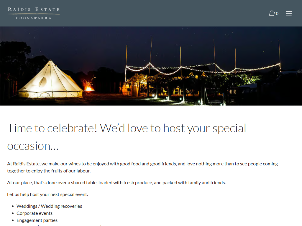 The Raidis Estate weddings page in a desktop browser, headed "Time to celebrate! We'd love to host your special occasion", with a lit marquee strung with festoon lights at dusk.