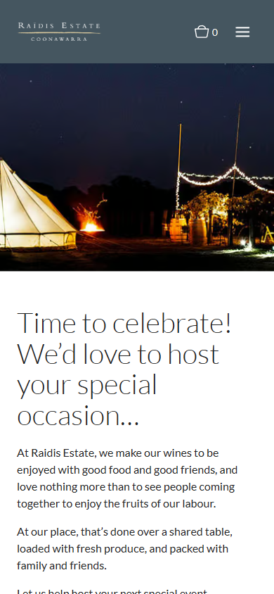 The Raidis Estate weddings page on a phone, with the lit marquee at dusk above the invitation to host a special occasion.