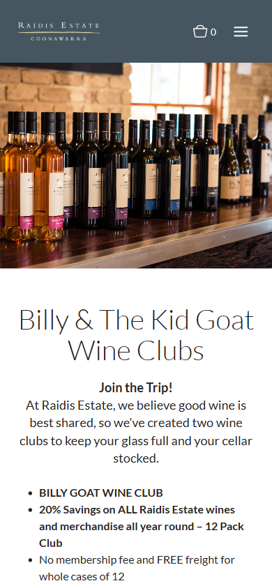 The Raidis Estate wine clubs page on a phone, headed "Billy & The Kid Goat Wine Clubs", with a row of bottles above the membership benefits.