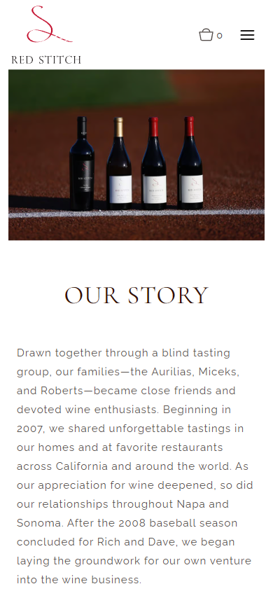 The Red Stitch story page on a phone, with the four bottles above the heading "Our Story" and the founders' account.
