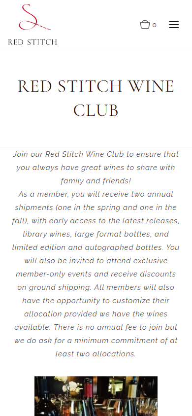 The Red Stitch wine club page on a phone, headed "Red Stitch Wine Club", with the shipment schedule and member benefits.