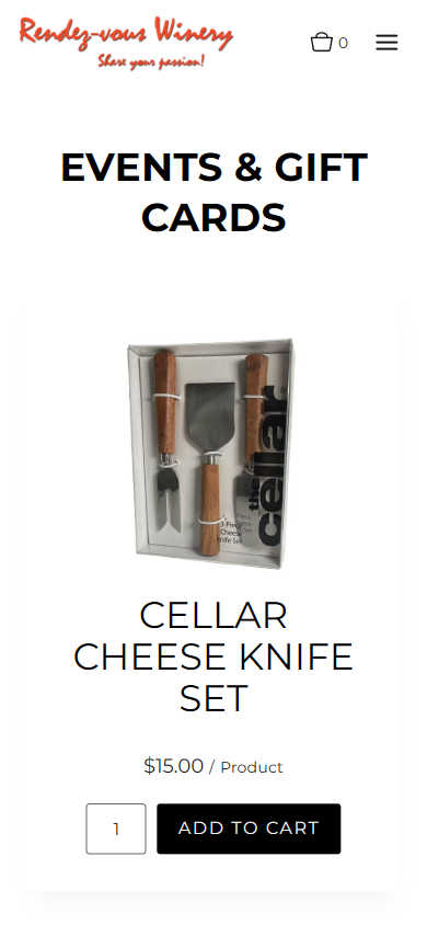 The Rendez-vous events and gift cards page on a phone, showing a cellar cheese knife set with its price and an add to cart button.