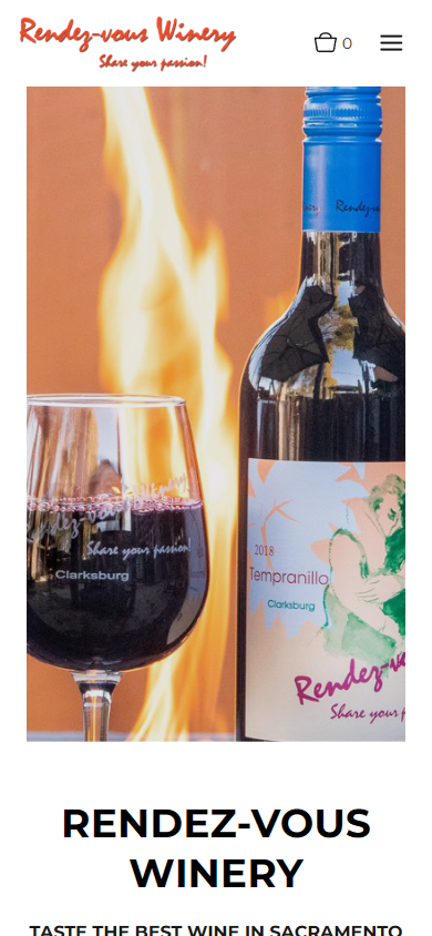 The Rendez-vous homepage on a phone, with the bottle and glass by the fire pit above the winery name.