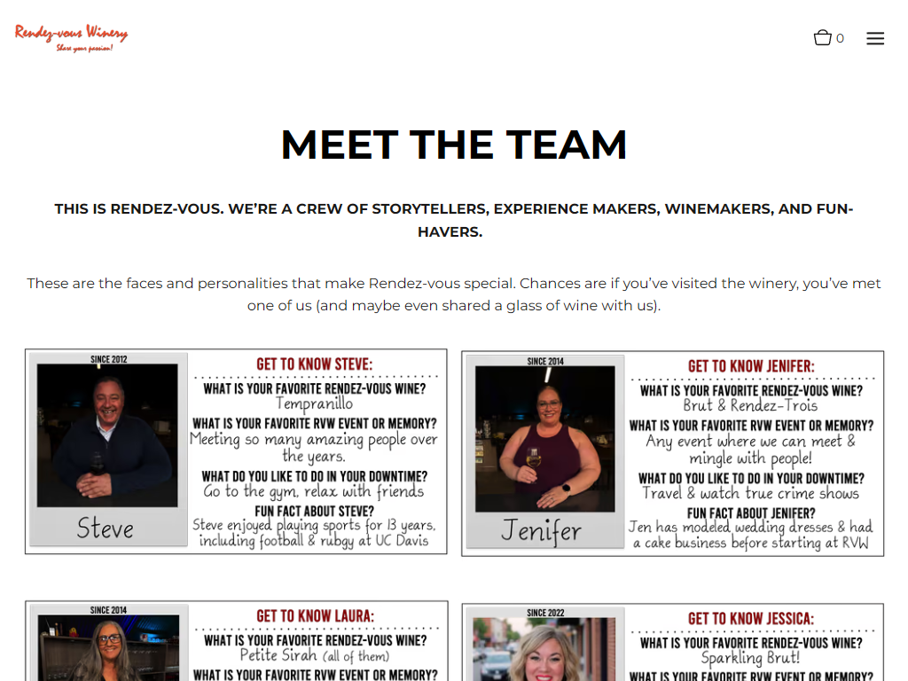 The Rendez-vous team page in a desktop browser, headed "Meet the Team", with staff cards pairing portraits and short question-and-answer profiles.