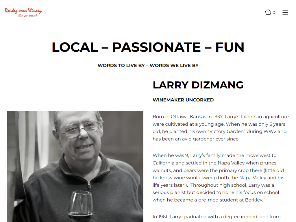 The Rendez-vous story page in a desktop browser, headed "Local – Passionate – Fun", with a black and white portrait of the winemaker beside his biography.