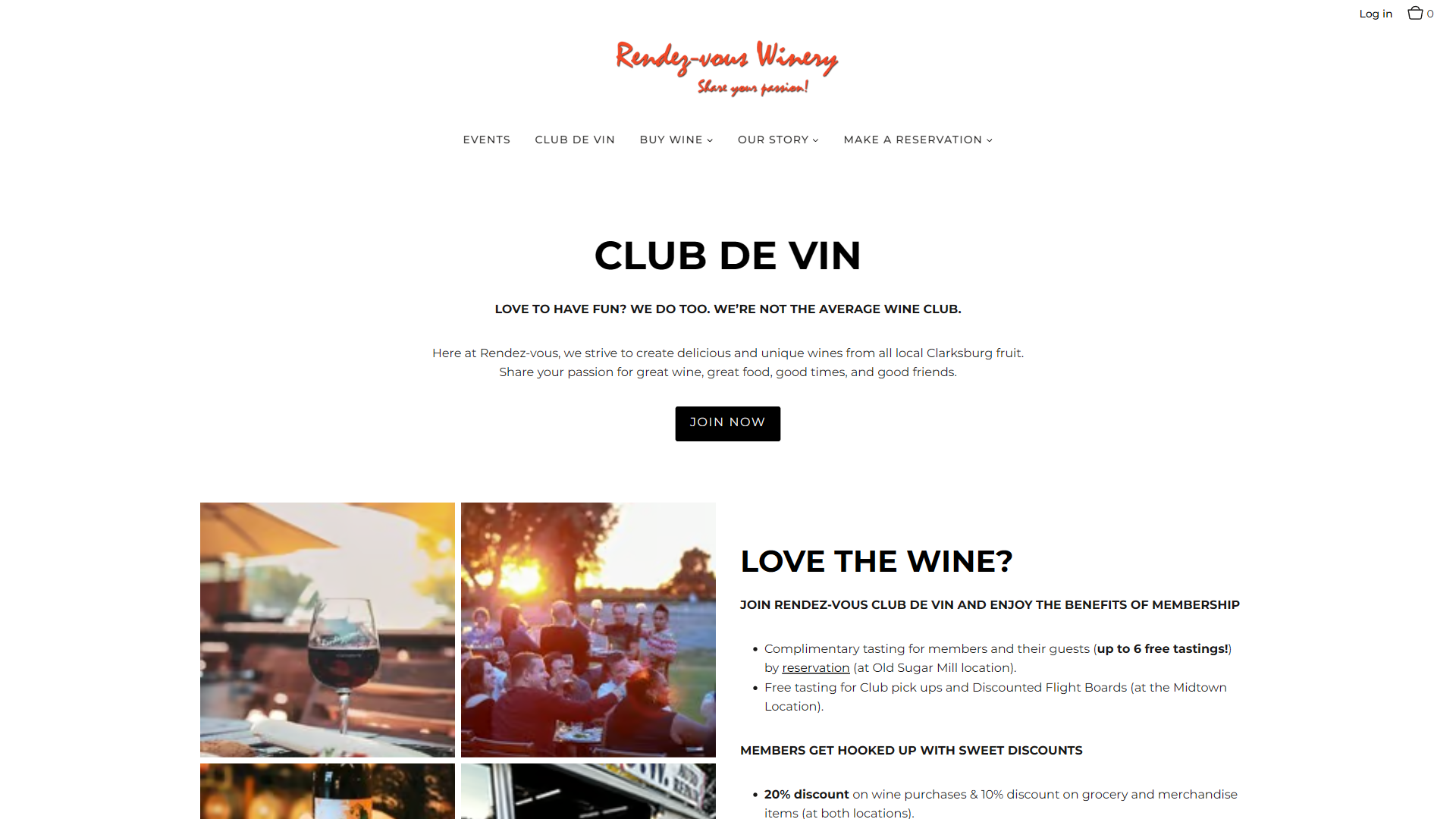The Rendez-vous wine club page in a desktop browser, headed "Club de Vin", with a grid of photographs of guests enjoying the winery beside the list of member benefits and discounts.
