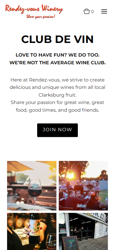The Rendez-vous wine club page on a phone, headed "Club de Vin", with the join button above a grid of winery photographs.