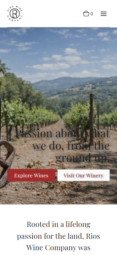 The Rios Wine Company homepage on a phone, with the bottle in the vineyard and the line about passion from the ground up.