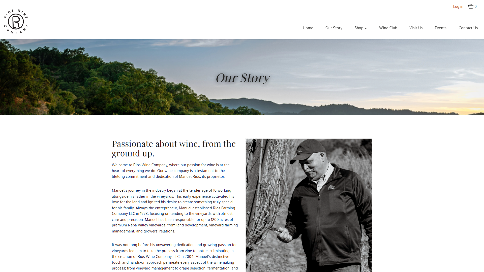 The Rios Wine Company story page in a desktop browser, headed "Our Story" over a hillside vineyard at sunset, with a black and white photograph of the founder working in the vines.