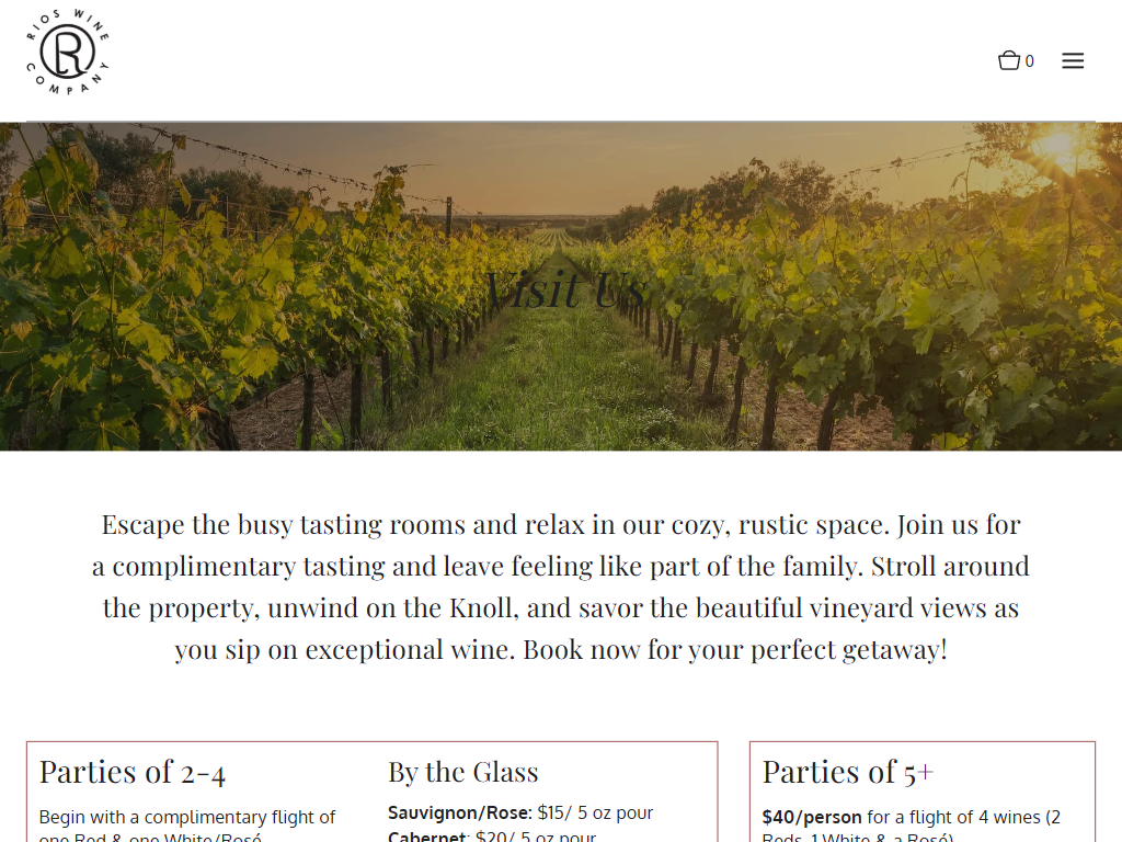 The Rios Wine Company Visit Us page in a desktop browser, headed over vineyard rows at sunset, with tasting options priced for small parties, by the glass, and larger groups.