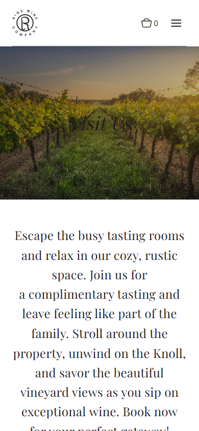 The Rios Wine Company Visit Us page on a phone, with the sunset vineyard photograph above the invitation to book a tasting.