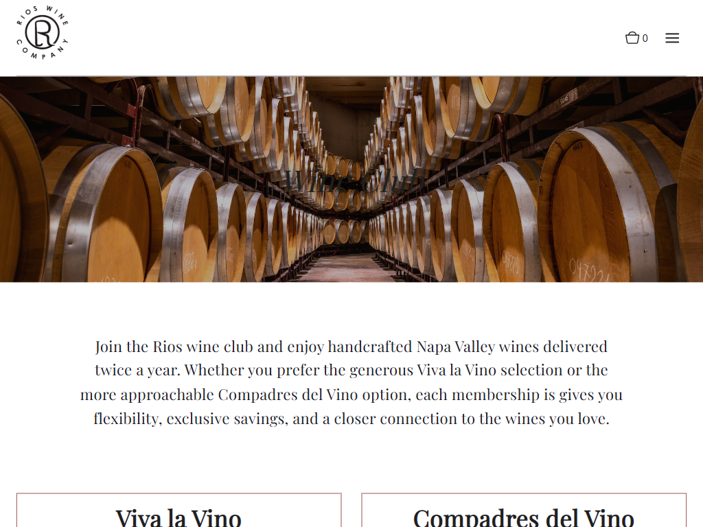 The Rios Wine Company wine clubs page in a desktop browser, with a long barrel room above the two membership options, Viva la Vino and Compadres del Vino.