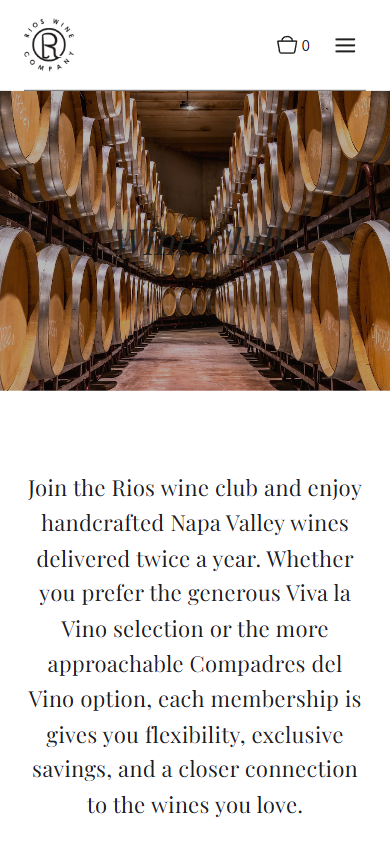 The Rios Wine Company wine clubs page on a phone, with the barrel room photograph above the membership description.