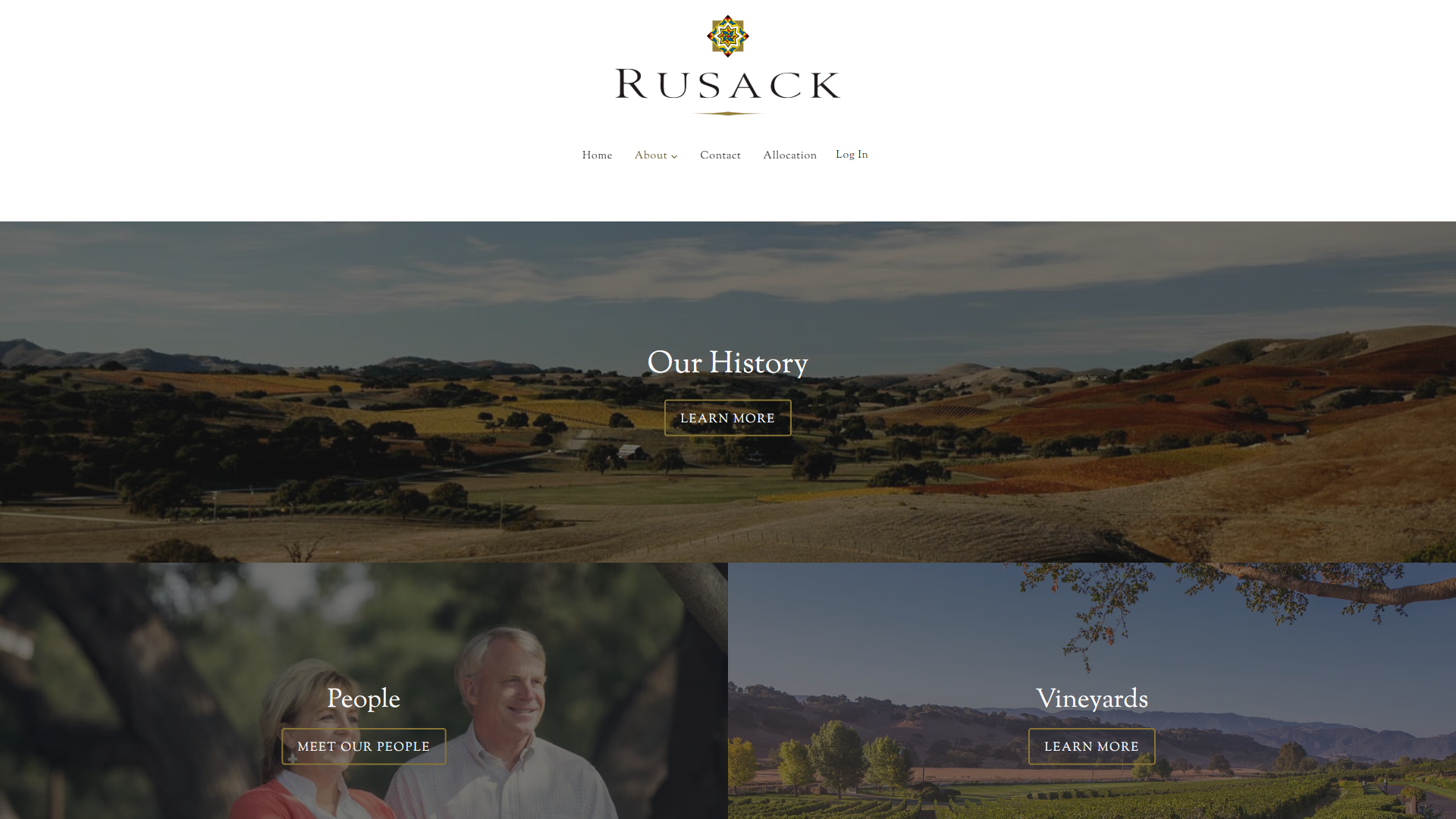 The Rusack Vineyards About page in a desktop browser, headed "Our History" over a landscape photograph, with tiles below leading to People and Vineyards.