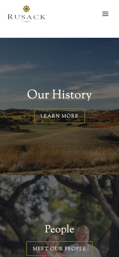 The Rusack Vineyards About page on a phone, headed "Our History" over the landscape photograph, with the People section beneath.