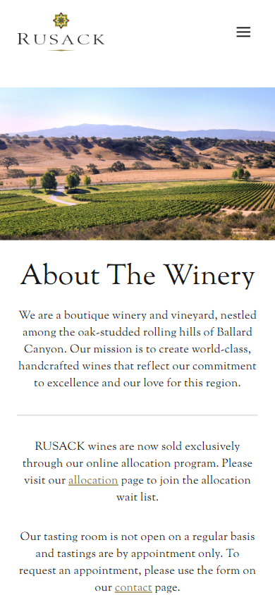 The Rusack Vineyards homepage on a phone, with a landscape photograph above a section headed "About The Winery".