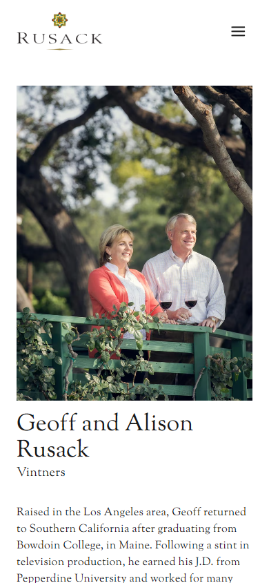 The Rusack Vineyards people page on a phone, introducing Geoff and Alison Rusack, vintners, with a photograph of the two of them outdoors.
