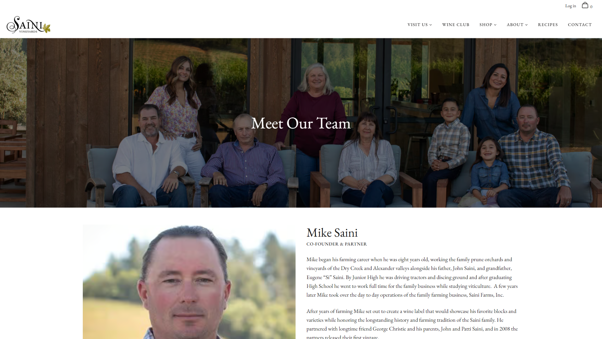 The Saini team page in a desktop browser, headed "Meet Our Team" over a family group seated on the porch, with a portrait of the co-founder and his biography below.