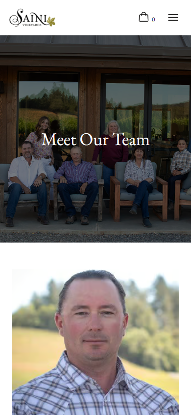 The Saini team page on a phone, headed "Meet Our Team", with the family photograph above the first portrait.