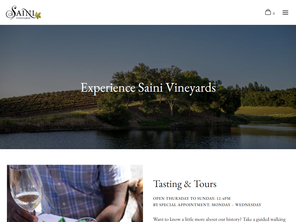 The Saini Visit Us page in a desktop browser, headed "Experience Saini Vineyards" over the pond view, with tasting and tour hours beside a photograph of a glass being poured.