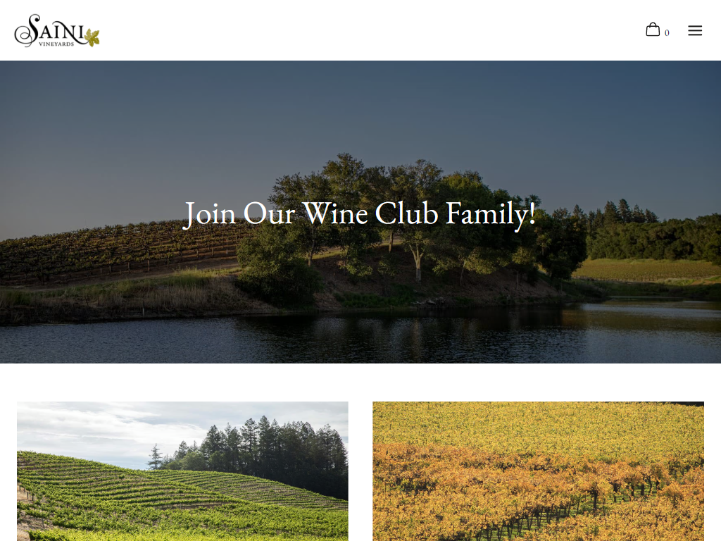 The Saini wine clubs page in a desktop browser, headed "Join Our Wine Club Family!" over the vineyard and pond at dusk, with vineyard photographs below.