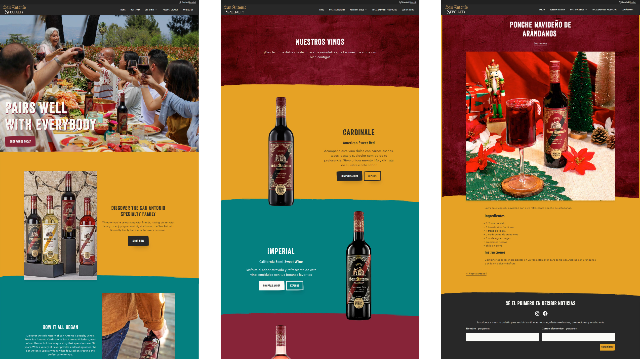 Three San Antonio Specialty pages: the English home page, Nuestros Vinos and the Ponche Navideño recipe