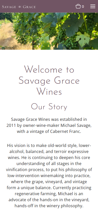 The Savage Grace homepage on a phone, with the vine leaves above the welcome heading and the winery's story.