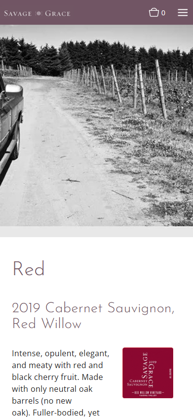 The Savage Grace red wines listing on a phone, headed "Red", with the 2019 Cabernet Sauvignon from Red Willow and its tasting note.