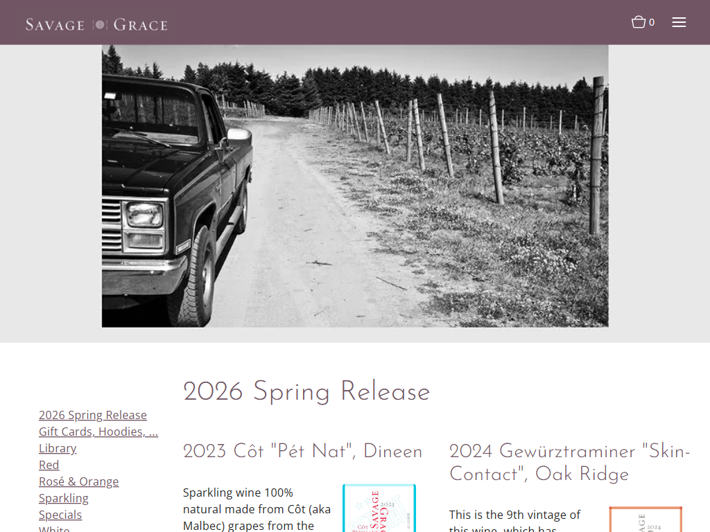 The Savage Grace spring release page in a desktop browser, headed "2026 Spring Release", listing a pét-nat and a skin-contact gewürztraminer with their descriptions.
