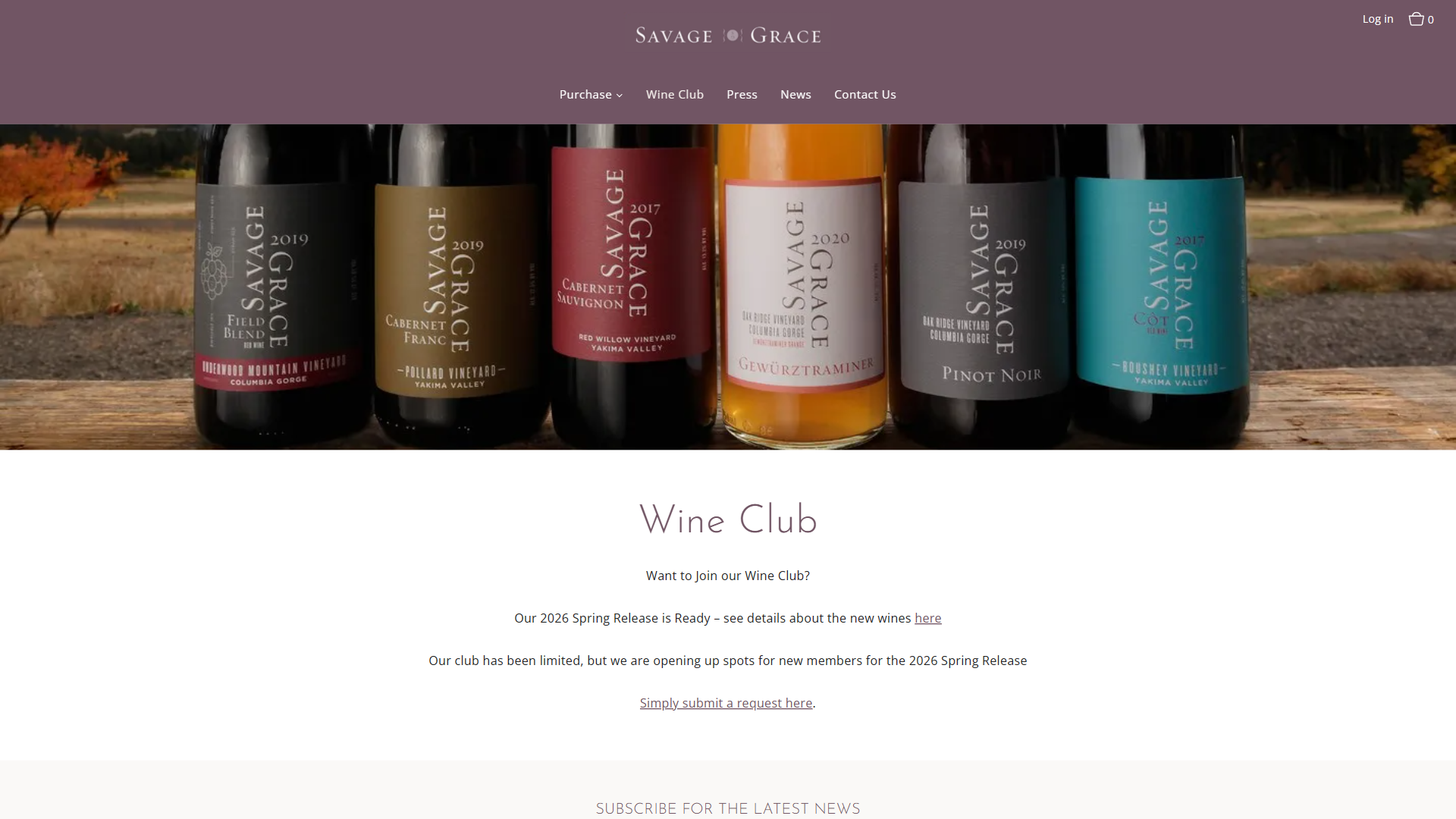 The Savage Grace wine club page in a desktop browser, with a row of labeled bottles standing on a table outdoors in autumn, above the heading "Wine Club" and how to request a place.
