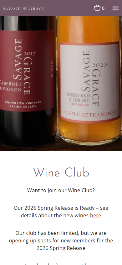 The Savage Grace wine club page on a phone, with two bottles above the heading "Wine Club" and the membership note.
