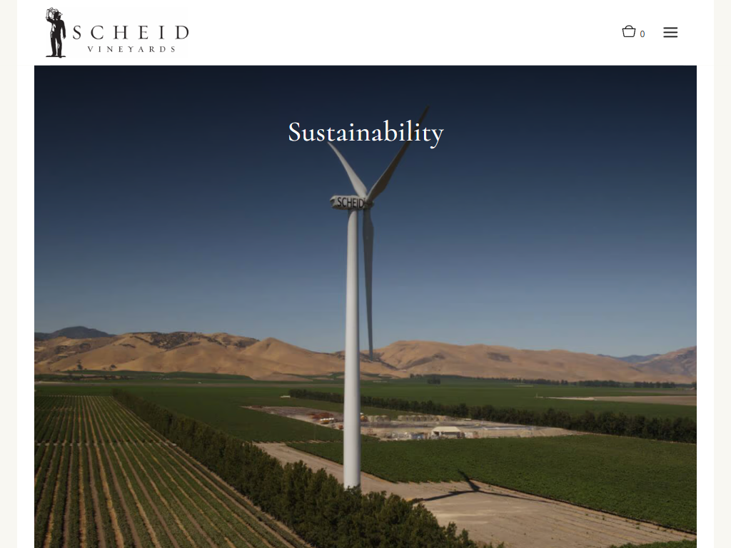 The Scheid sustainability page in a desktop browser, headed "Sustainability" over a wind turbine standing above the vineyard rows.