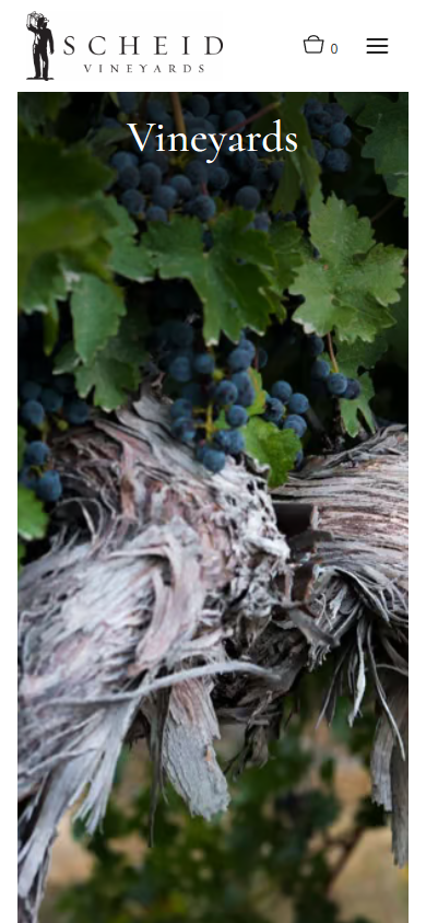 The Scheid vineyards page on a phone, headed "Vineyards" over a close view of grapes on the vine.