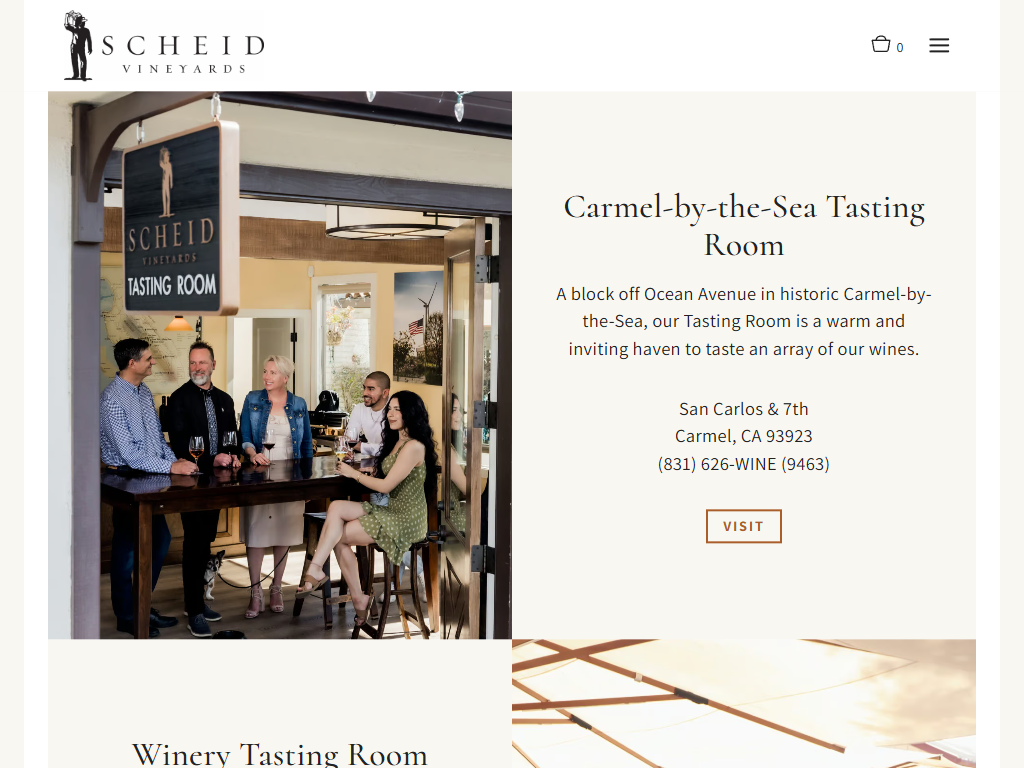 The Scheid visit page in a desktop browser, with a photograph of guests at the tasting bar beside details for the Carmel-by-the-Sea tasting room, and the winery tasting room below.