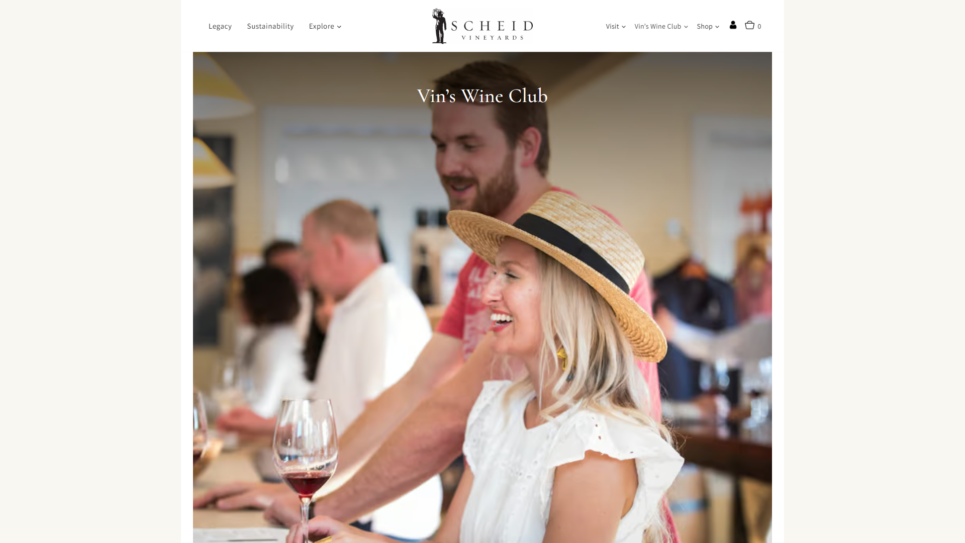 The Scheid wine club page in a desktop browser, headed "Vin's Wine Club", with guests laughing at the tasting bar and a woman in a straw hat holding a glass.