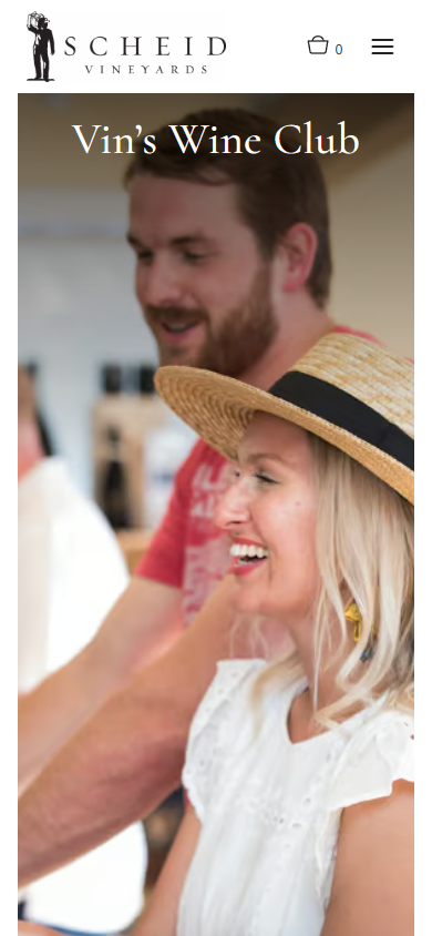The Scheid wine club page on a phone, headed "Vin's Wine Club" over the tasting bar photograph.
