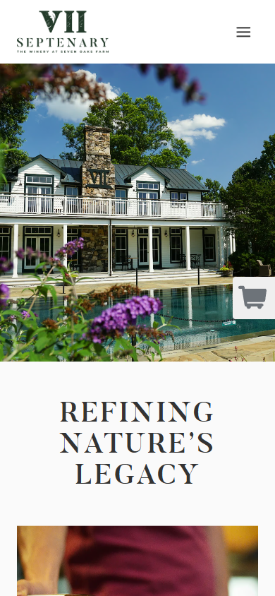 The Septenary Winery homepage on a phone, with the farmhouse photograph above the heading "Refining Nature's Legacy".