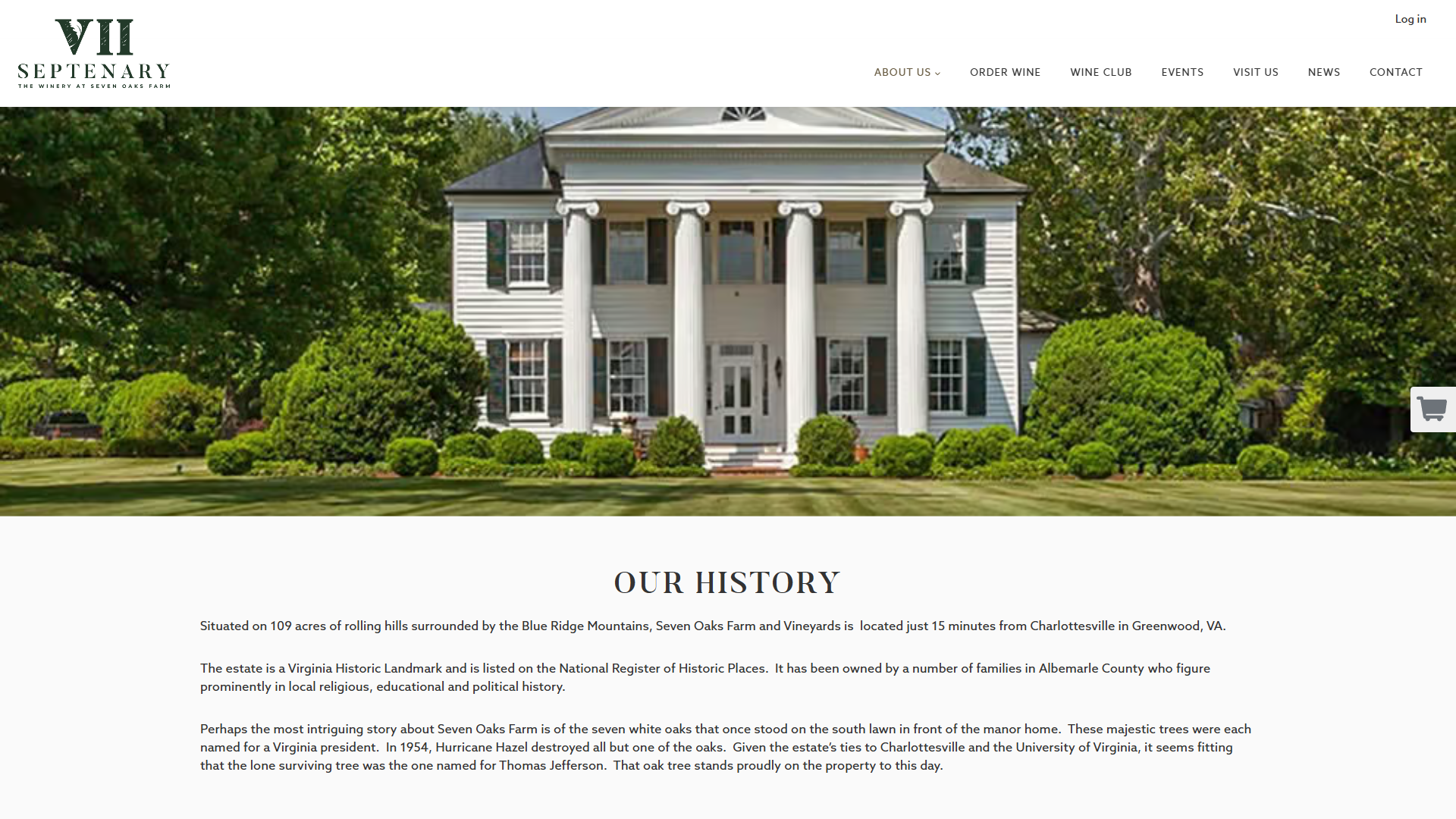 The Septenary Winery history page in a desktop browser, headed "Our History", with a columned white manor house across a clipped lawn and an account of the Seven Oaks Farm estate.