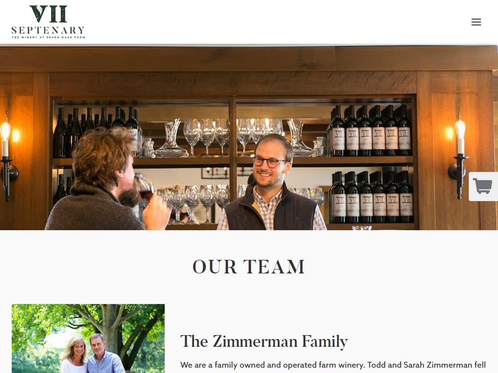The Septenary Winery team page in a desktop browser, headed "Our Team", with two people talking in front of shelves of bottles and glassware, above a section on the Zimmerman family.