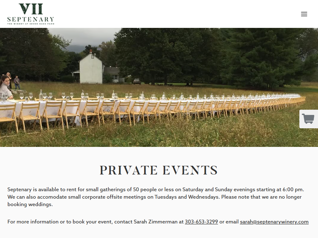 The Septenary Winery private events page in a desktop browser, headed "Private Events", with a long table laid for a dinner on the lawn.