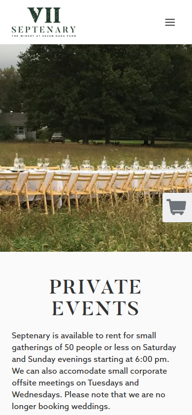 The Septenary Winery private events page on a phone, with the long table laid on the lawn above the booking information.
