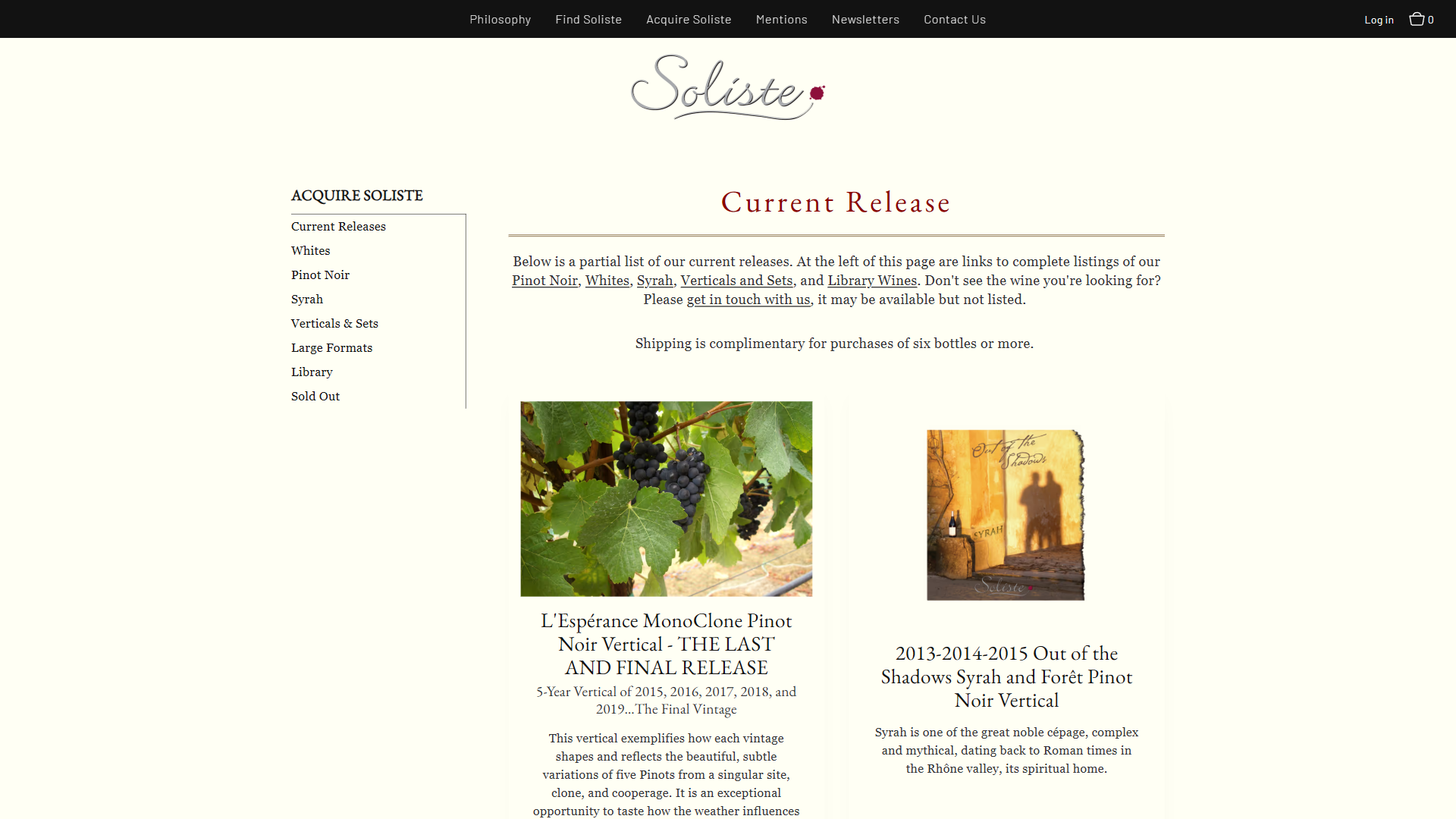 The Soliste current release page in a desktop browser, with a category list down the left and two releases described beside photographs of the vineyard and the cellar.