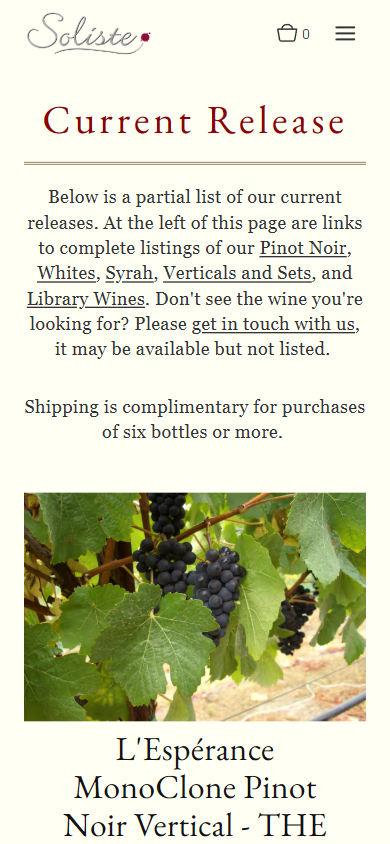 The Soliste current release page on a phone, headed "Current Release", with the shipping note above the first listed wine and its vineyard photograph.