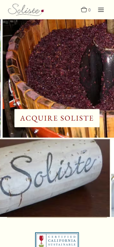The Soliste homepage on a phone, with the fermenter photograph, the Acquire Soliste button and the branded cork below.