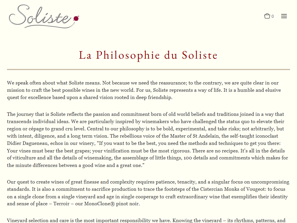 The Soliste philosophy page in a desktop browser, headed "La Philosophie du Soliste", with the essay on single-clone winemaking beneath.