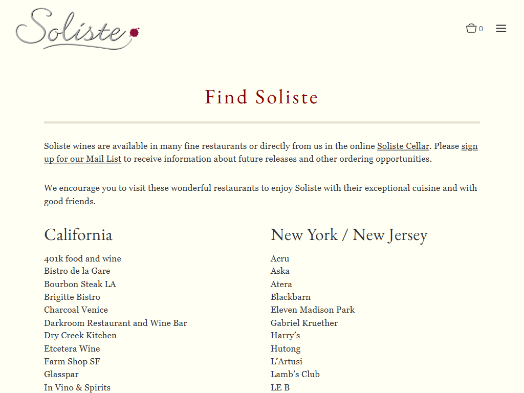 The Soliste stockists page in a desktop browser, headed "Find Soliste", listing restaurants by state in two columns.
