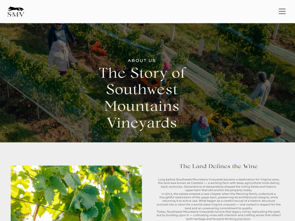 The Southwest Mountains About page in a desktop browser, headed "The Story of Southwest Mountains Vineyards" over a walk through the vines, above a section headed "The Land Defines the Wine".