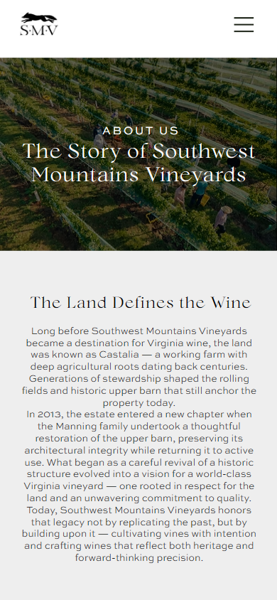 The Southwest Mountains About page on a phone, headed "The Story of Southwest Mountains Vineyards", with the land and wine section below.