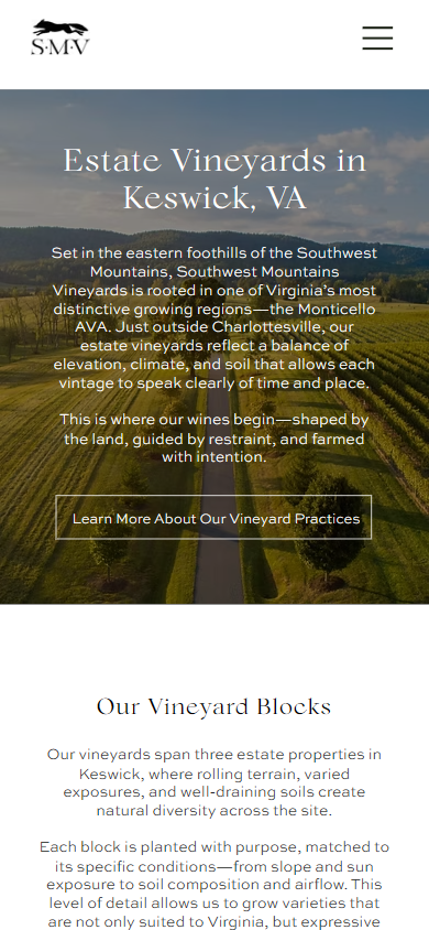 The Southwest Mountains vineyards page on a phone, headed "Estate Vineyards in Keswick, VA", with a section on the individual vineyard blocks.