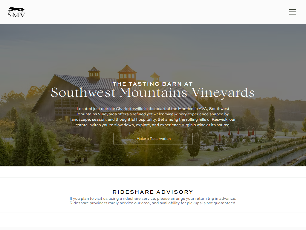 The Southwest Mountains Visit Us page in a desktop browser, headed "The Tasting Barn" over the barn at dusk, with a reservation button and a rideshare advisory below.
